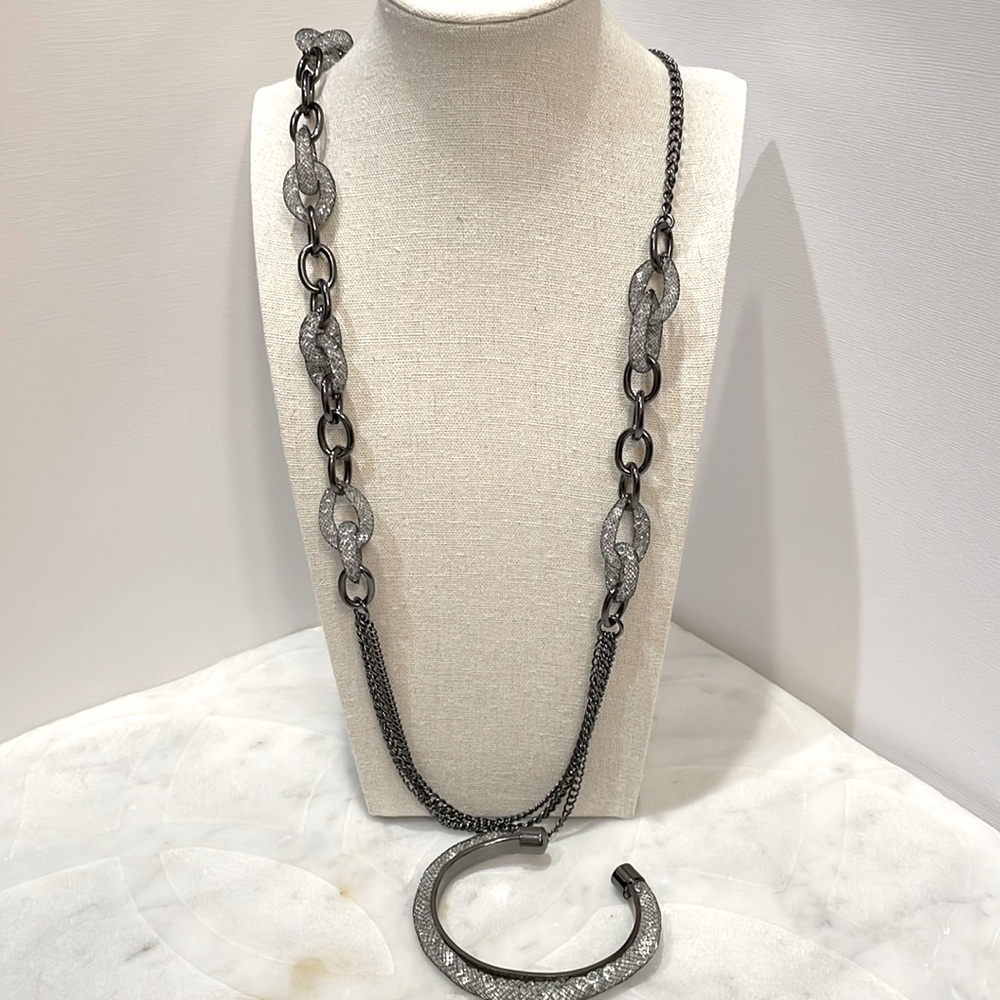 Steel grey chain and crystal necklace with matching bracelet